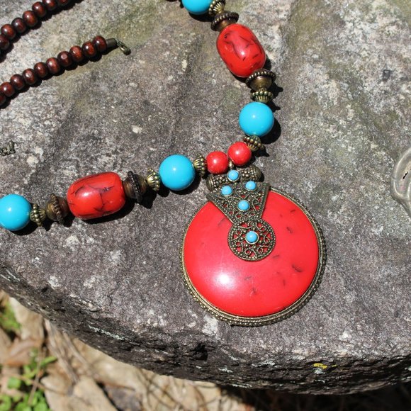 Big Red Tribal Cultural Statement Necklace - Picture 5 of 15